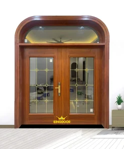Cửa thép vân gỗ 2 cánh đều thủy lực ô thoáng vòm